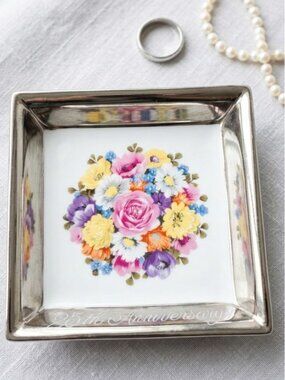 Saji Fine China Japan 25th Anniversary Square Trinket Dish Floral Silver Trim